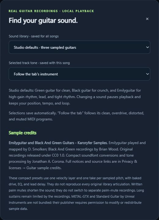 Guitar sound-library and track-tone controls with credits for Karoryfer Samples