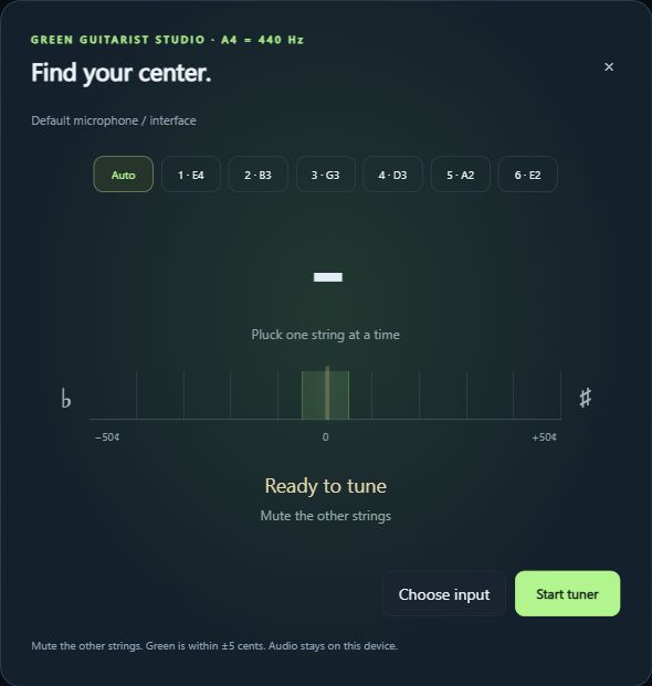 Built-in guitar tuner with automatic and individual string modes, input selection and a cents meter
