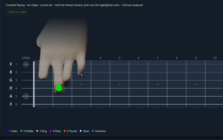 Chorded Playing in the current app, showing a complete hand holding an A minor arpeggio shape
