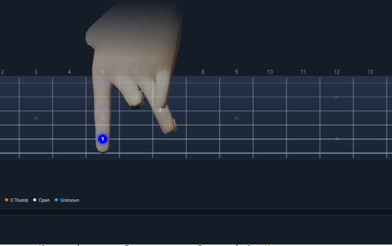 Chorded Playing in the current app, showing a complete hand holding a D minor seventh arpeggio shape