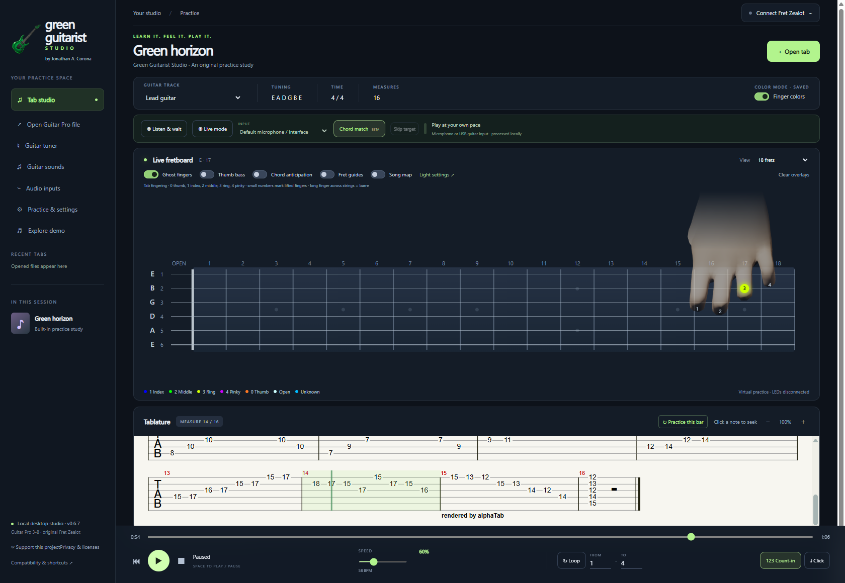 Green Guitarist Studio Windows app showing the Green horizon study, fretboard, tablature, input controls and playback tools