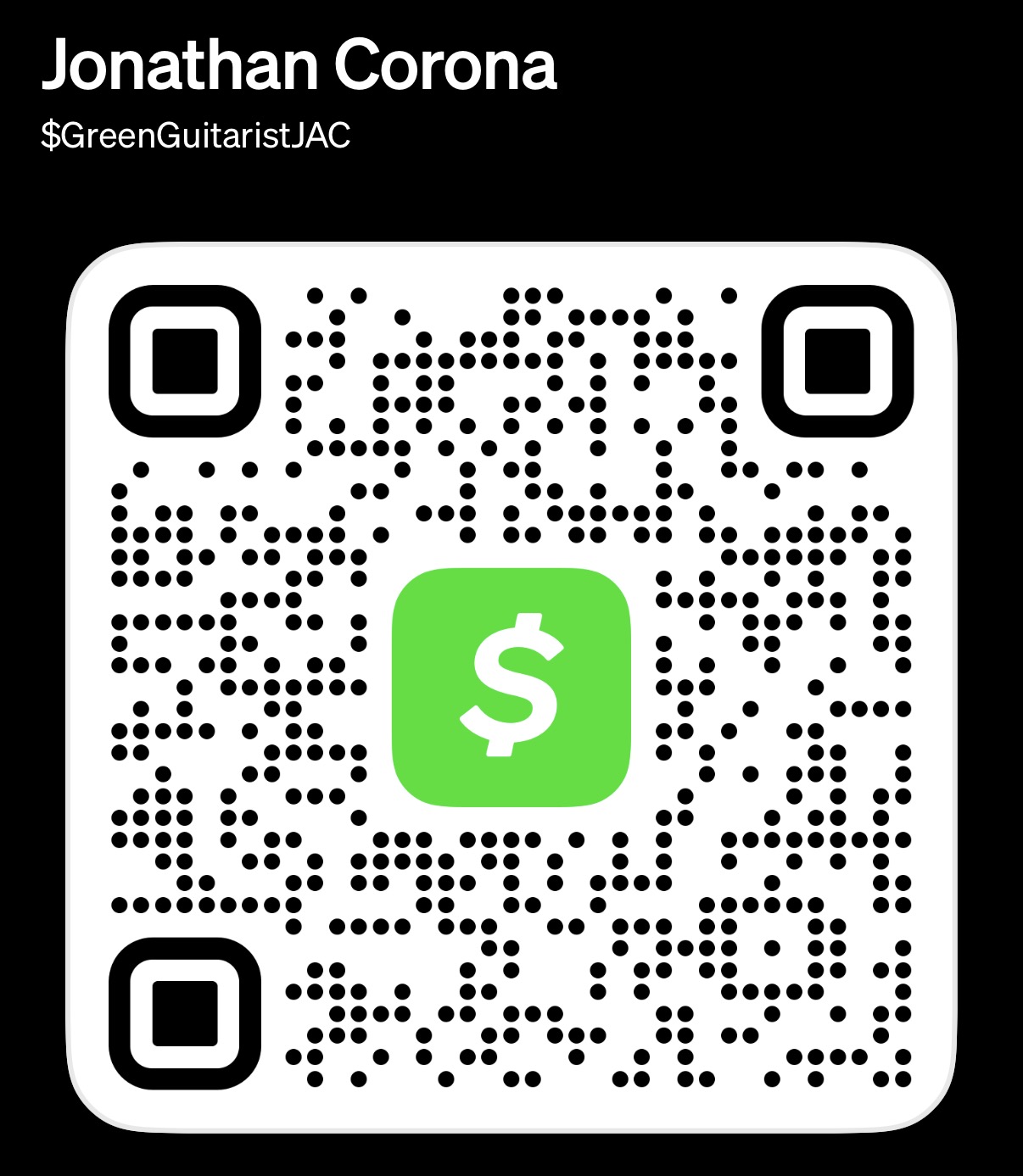 Cash App payment QR code for Jonathan Corona, $GreenGuitaristJAC