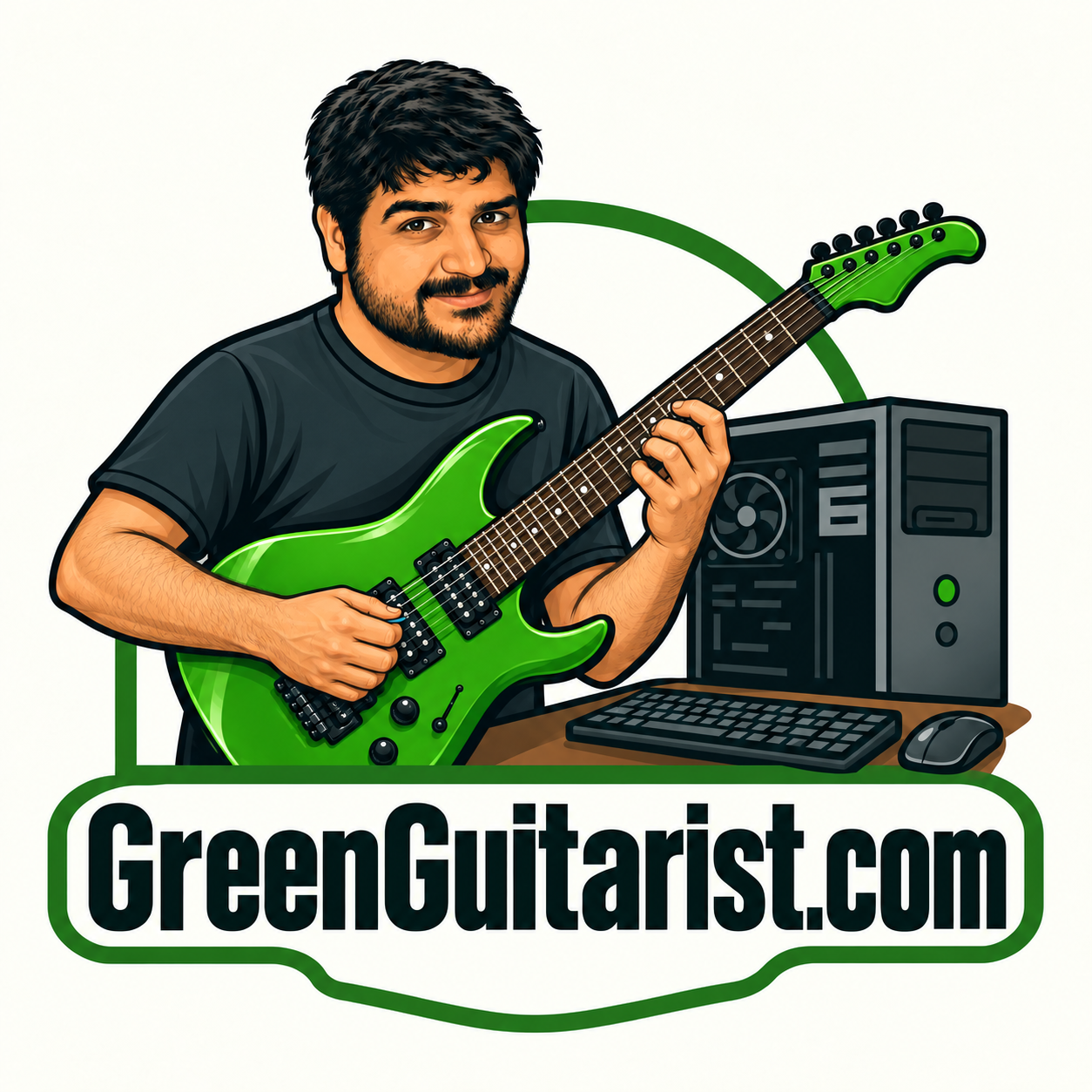 GreenGuitarist.com - Jonathan playing a green guitar beside a computer